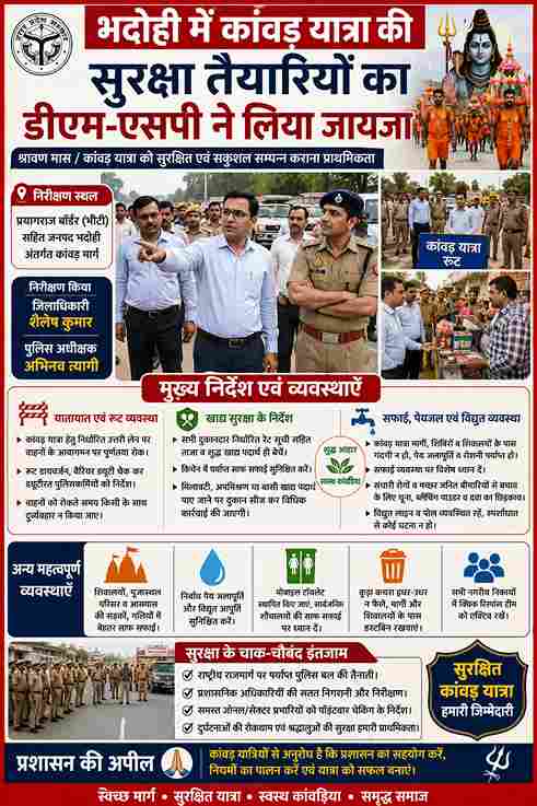 “भदोही: डीएम-एसपी ने कांवड़ यात्रा रूट का किया निरीक्षण, सुरक्षा व्यवस्था परखी”