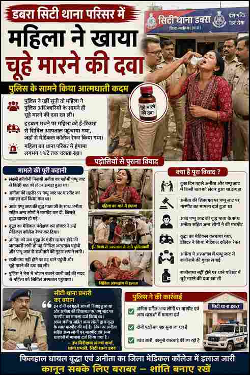 “डबरा थाने में महिला ने खाई चूहे मारने की दवा, पड़ोसी विवाद ने लिया नाटकीय मोड़”