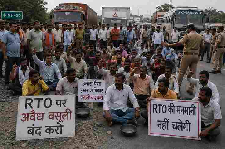 RTO पर अवैध वसूली के आरोप, NH-30 पर 3 घंटे चक्काजाम