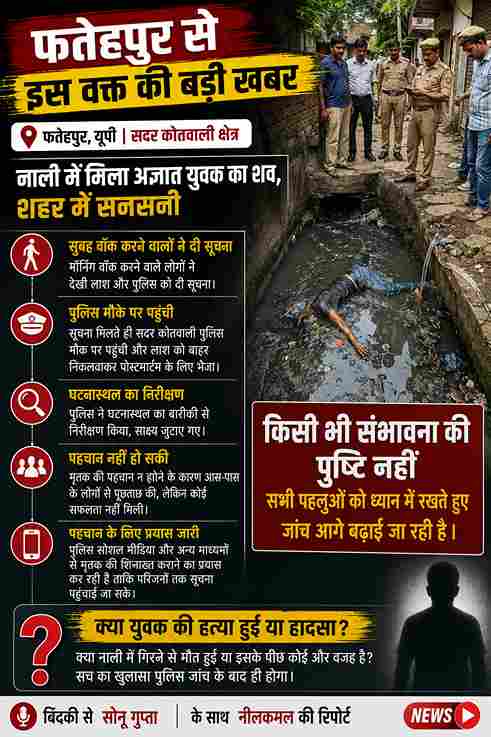 फतेहपुर में नाली में मिला अज्ञात युवक का शव