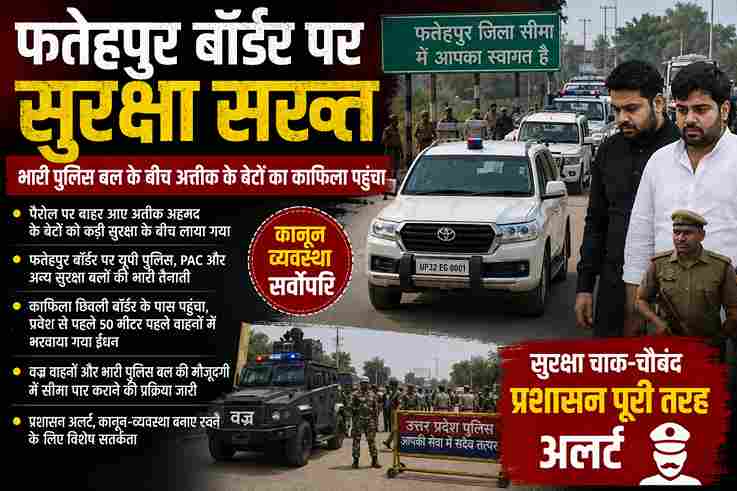 फतेहपुर बॉर्डर पर सुरक्षा सख्त, भारी पुलिस बल के बीच अतीक के बेटों का काफिला पहुंचा