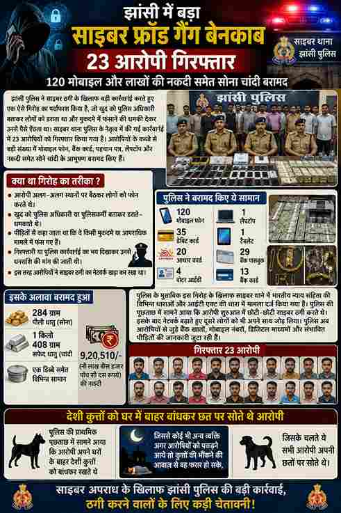 झांसी में साइबर ठगी गैंग का भंडाफोड़, 23 गिरफ्तार