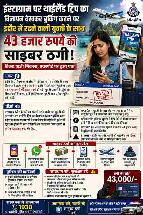 इंस्टाग्राम पर थाईलैंड ट्रिप का विज्ञापन देखकर बुकिंग करने वाली इंदौर की युवती से 43 हजार रुपए की साइबर ठगी।
