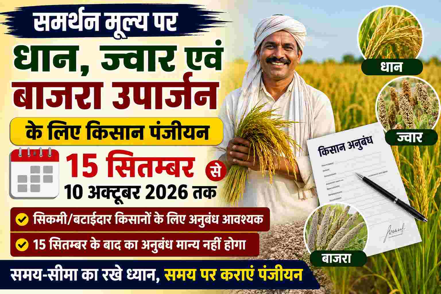 समर्थन मूल्य पर धान, ज्वार एवं बाजरा उपार्जन के लिए किसान पंजीयन 15 सितम्बर से