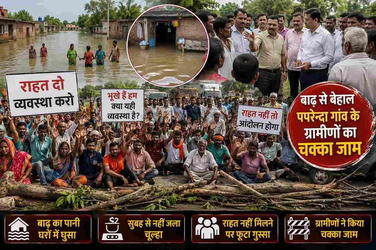 बाढ़ के पानी से गुस्साए ग्रामीण, चक्का जाम